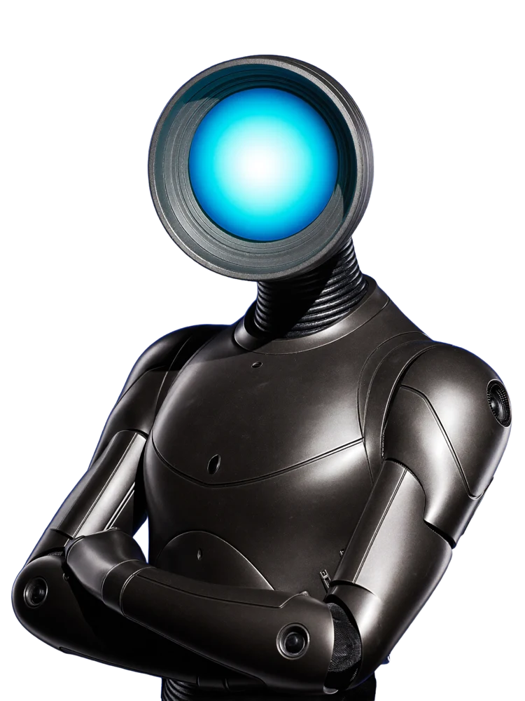 The Core — Upstager's resident AI, a humanoid robot with a glowing lens face